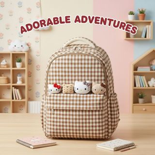 BALO ĐI HỌC NỮ CARO KÈM 4 MẶT GẤU KITTY SIÊU ĐÁNG YÊU A6155 - PIPI STORE