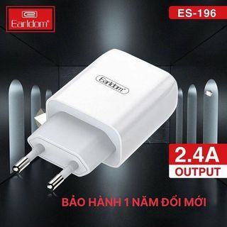 Sạc bộ cho iphone Lightning, Type C samsung Micro chính hãng Earldom ES - 196 2 cổng USB sạc nhanh 5V/2.4A Nhỏ Gọn