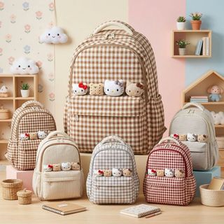 BALO ĐI HỌC NỮ CARO KÈM 4 MẶT GẤU KITTY SIÊU ĐÁNG YÊU A6155 - PIPI STORE