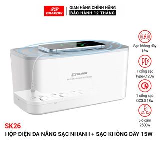 Ổ điện cao cấp Drapow SK26 5 ổ cắm 2500W, 1 cổng sạc Type C 20W, 1 cổng sạc QC 18W, 1 cổng USB-A 12W + sạc không dây