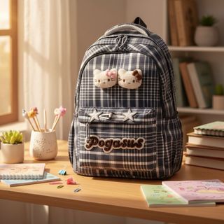 BALO ĐI HỌC NỮ CARO KÈM MẶT GẤU KITTY SIÊU ĐÁNG YÊU A8016 - PIPI STORE