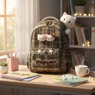 BALO ĐI HỌC NỮ CARO KÈM MẶT GẤU KITTY SIÊU ĐÁNG YÊU A8016 - PIPI STORE