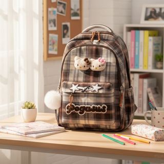 BALO ĐI HỌC NỮ CARO KÈM MẶT GẤU KITTY SIÊU ĐÁNG YÊU A8016 - PIPI STORE