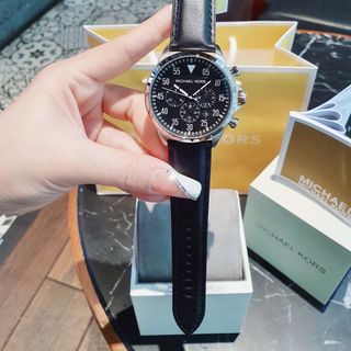 ĐỒNG HỒ NAM CAO CẤP M KORS DÂY DA ĐEN NIỀNG THÉP BẠC FULLBOX TAG