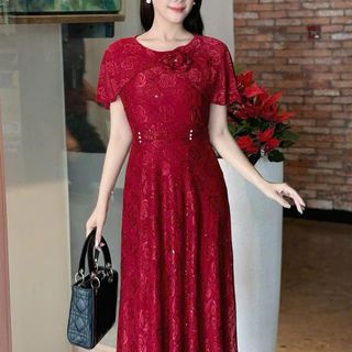 Đầm MAXI trung niên dự tiệc sang trọng vải thun lưới tặng mẹ co giãn tốt bigsize 75kg M705