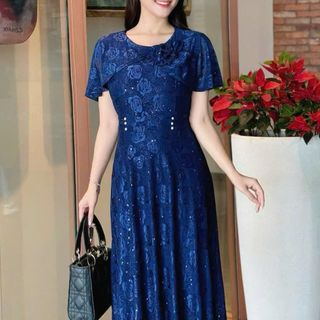 Đầm MAXI trung niên dự tiệc sang trọng vải thun lưới tặng mẹ co giãn tốt bigsize 75kg M705