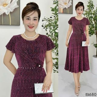 Đầm midi trung niên dáng chữ A che khuyết điểm, dự tiệc sang trọng vải thun nhũ cao cấp đính đá, tặng mẹ co giãn tốt bigsize M680