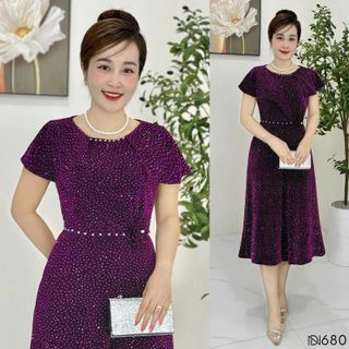 Đầm midi trung niên dáng chữ A che khuyết điểm, dự tiệc sang trọng vải thun nhũ cao cấp đính đá, tặng mẹ co giãn tốt bigsize M680
