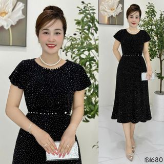 Đầm midi trung niên dáng chữ A che khuyết điểm, dự tiệc sang trọng vải thun nhũ cao cấp đính đá, tặng mẹ co giãn tốt bigsize M680