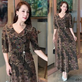 Đầm maxi trung niên dự tiệc - công sở, vải thun nhũ cao cấp đính đá, tặng mẹ co giãn tốt bigsize M690