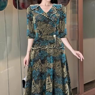 Đầm midi, dáng ngắn trung niên dự tiệc - công sở, vải thun nhũ cao cấp đính đá, tặng mẹ co giãn tốt bigsize M700