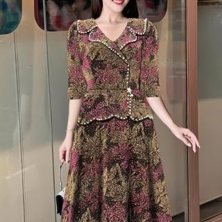 Đầm midi, dáng ngắn trung niên dự tiệc - công sở, vải thun nhũ cao cấp đính đá, tặng mẹ co giãn tốt bigsize M700