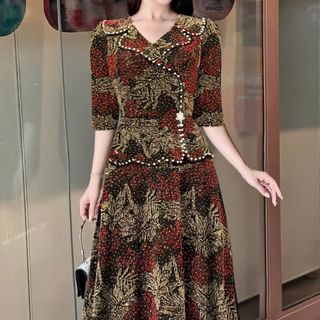 Đầm midi, dáng ngắn trung niên dự tiệc - công sở, vải thun nhũ cao cấp đính đá, tặng mẹ co giãn tốt bigsize M700