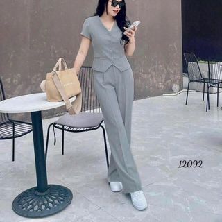 Set bộ chất cotton lạnh thời trang thiết kế nữ trẻ trung sang trọng cổ chữ V áo tay ngắn đính nút phối túi - N63