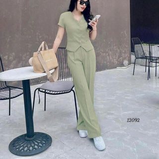 Set bộ chất cotton lạnh thời trang thiết kế nữ trẻ trung sang trọng cổ chữ V áo tay ngắn đính nút phối túi - N63