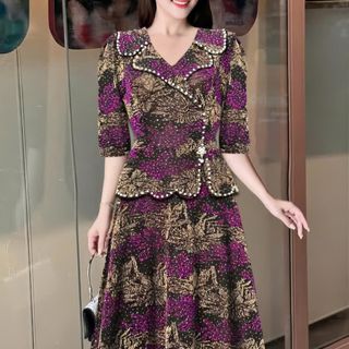 Đầm midi, dáng ngắn trung niên dự tiệc - công sở, vải thun nhũ cao cấp đính đá, tặng mẹ co giãn tốt bigsize M700