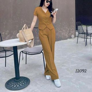 Set bộ chất cotton lạnh thời trang thiết kế nữ trẻ trung sang trọng cổ chữ V áo tay ngắn đính nút phối túi - N63