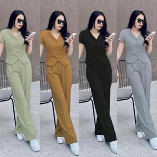Set bộ chất cotton lạnh thời trang thiết kế nữ trẻ trung sang trọng cổ chữ V áo tay ngắn đính nút phối túi - N63