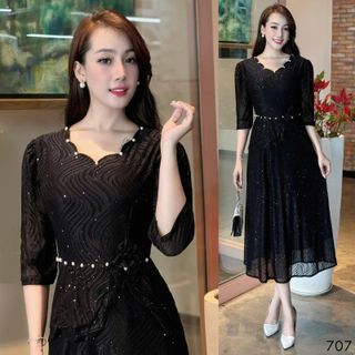 Đầm Midi trung niên dự tiệc sang trọng vải thun lưới tặng mẹ co giãn tốt bigsize 75kg M707