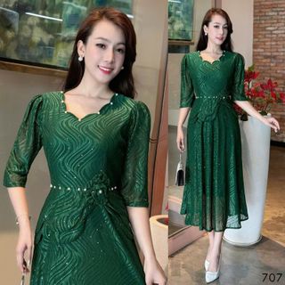 Đầm Midi trung niên dự tiệc sang trọng vải thun lưới tặng mẹ co giãn tốt bigsize 75kg M707