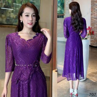 Đầm Midi trung niên dự tiệc sang trọng vải thun lưới tặng mẹ co giãn tốt bigsize 75kg M707