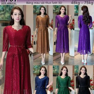 Đầm Midi trung niên dự tiệc sang trọng vải thun lưới tặng mẹ co giãn tốt bigsize 75kg M707