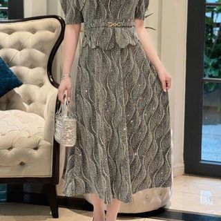 Đầm midi trung niên dự tiệc - công sở, vải thun nhũ cao cấp đính đá, tặng mẹ co giãn tốt bigsize M692