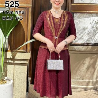 Đầm dạ hội trung niên chất liệu thun nhũ co giãn cực tốt. cho mẹ dự tiệc sang trọng bigsize 75KG M525 Nữ Women