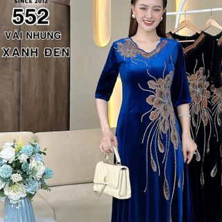Đầm MAXI trung niên dự tiệc sang trọng vải nhung cao cấp đính đá, tặng mẹ co giãn tốt bigsize 80kg M552