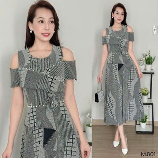 Đầm Midi trung niên dự tiệc sang trọng vải thun nhũ kim sa đính đá tặng mẹ co giãn tốt bigsize 75kg M801