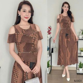 Đầm Midi trung niên dự tiệc sang trọng vải thun nhũ kim sa đính đá tặng mẹ co giãn tốt bigsize 75kg M801