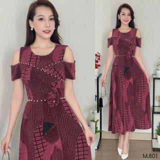 Đầm Midi trung niên dự tiệc sang trọng vải thun nhũ kim sa đính đá tặng mẹ co giãn tốt bigsize 75kg M801