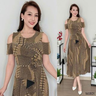 Đầm Midi trung niên dự tiệc sang trọng vải thun nhũ kim sa đính đá tặng mẹ co giãn tốt bigsize 75kg M801