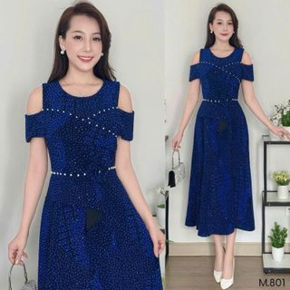 Đầm Midi trung niên dự tiệc sang trọng vải thun nhũ kim sa đính đá tặng mẹ co giãn tốt bigsize 75kg M801