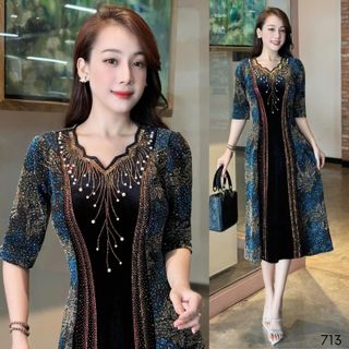 Đầm midi trung niên dự tiệc - công sở, vải thun nhũ phối nhung cao cấp đính đá, tặng mẹ co giãn tốt bigsize M713