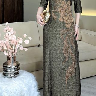 Đầm cách tân trung niên dự tiệc sang trọng vải thun nhũ cao cấp tặng mẹ co giãn tốt bigsize 75kg M558