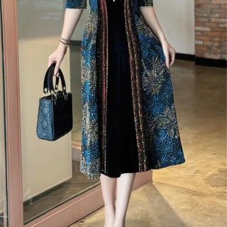 Đầm midi trung niên dự tiệc - công sở, vải thun nhũ phối nhung cao cấp đính đá, tặng mẹ co giãn tốt bigsize M713