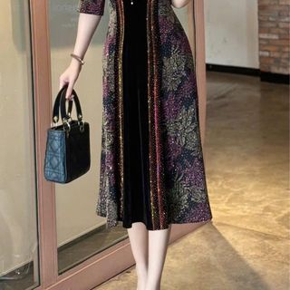 Đầm midi trung niên dự tiệc - công sở, vải thun nhũ phối nhung cao cấp đính đá, tặng mẹ co giãn tốt bigsize M713