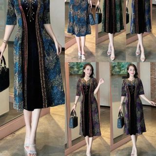 Đầm midi trung niên dự tiệc - công sở, vải thun nhũ phối nhung cao cấp đính đá, tặng mẹ co giãn tốt bigsize M713