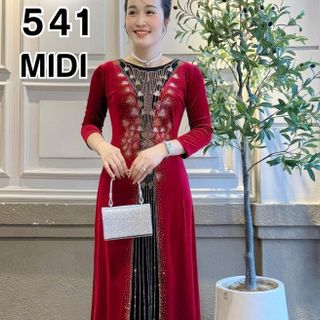 Đầm MIDI trung niên dự tiệc sang trọng vải nhung cao cấp đính đá, tặng mẹ co giãn tốt bigsize 75kg M541