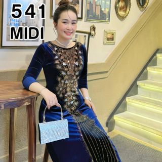 Đầm MIDI trung niên dự tiệc sang trọng vải nhung cao cấp đính đá, tặng mẹ co giãn tốt bigsize 75kg M541