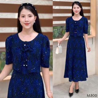 Đầm midi, dáng ngắn trung niên dự tiệc - công sở, vải thun nhũ phủ đá, kèm áo khoác may liền,mẹ co giãn bigsize M800