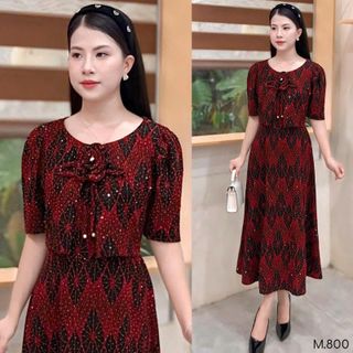 Đầm midi, dáng ngắn trung niên dự tiệc - công sở, vải thun nhũ phủ đá, kèm áo khoác may liền,mẹ co giãn bigsize M800