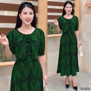 Đầm midi, dáng ngắn trung niên dự tiệc - công sở, vải thun nhũ phủ đá, kèm áo khoác may liền,mẹ co giãn bigsize M800