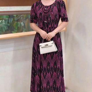 Đầm midi, dáng ngắn trung niên dự tiệc - công sở, vải thun nhũ phủ đá, kèm áo khoác may liền,mẹ co giãn bigsize M800