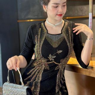 Đầm MAXI trung niên dự tiệc sang trọng vải nhũ ánh kim cao cấp tặng mẹ co giãn tốt bigsize 75kg M536