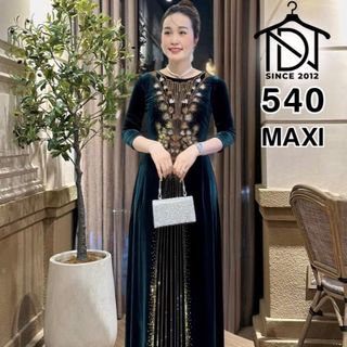 Đầm MAXI trung niên dự tiệc sang trọng vải nhung cao cấp đính đá, tặng mẹ co giãn tốt bigsize 75kg M540