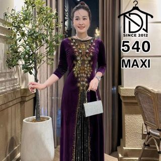 Đầm MAXI trung niên dự tiệc sang trọng vải nhung cao cấp đính đá, tặng mẹ co giãn tốt bigsize 75kg M540