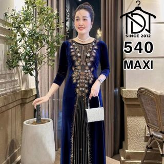 Đầm MAXI trung niên dự tiệc sang trọng vải nhung cao cấp đính đá, tặng mẹ co giãn tốt bigsize 75kg M540