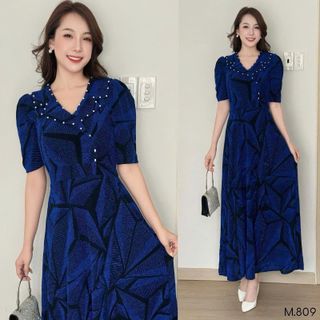 Đầm maxi dự tiệc sang trọng vải kim tuyến nhũ kim sa đính đá tặng mẹ co giãn tốt bigsize 75kg M809